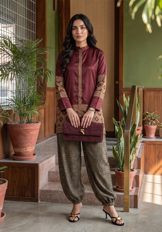 Zarqash | Silk Edit 26 | Maroon Mosaic - Luxury Dress - available at Maria Faisal in UK and USA.
