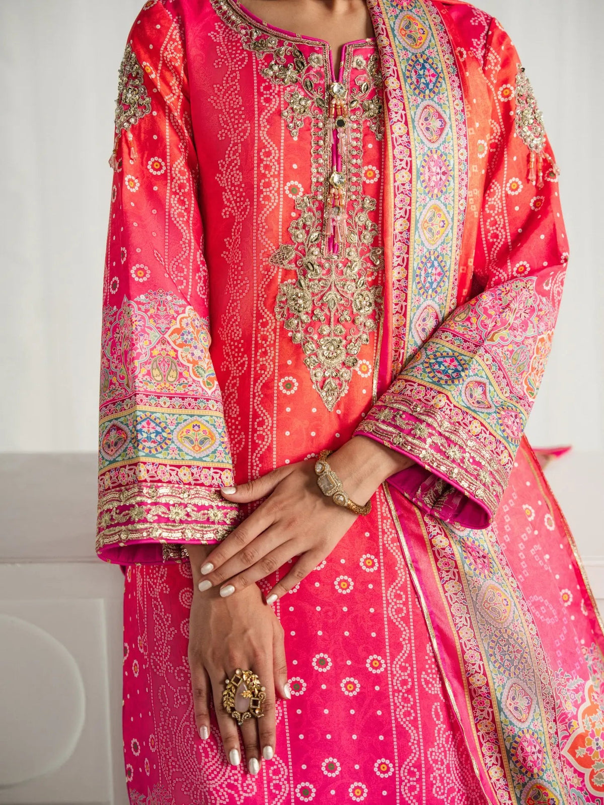 Gulaal | Aira Printed Silk | Marigold Dusk - Luxury Dress - available at Maria Faisal in UK and USA.