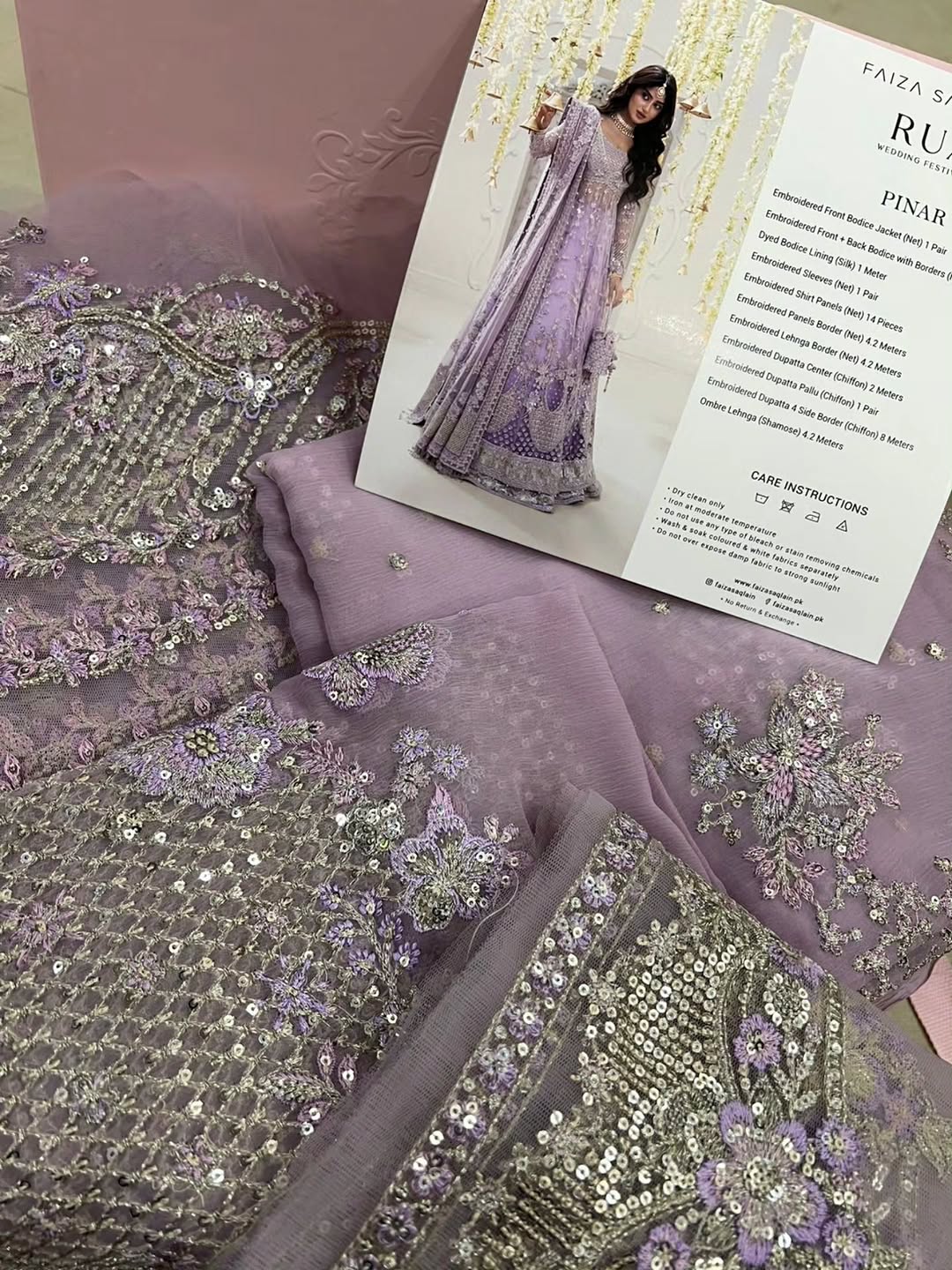 Real Open Image of Lilac Pakistani Wedding Dress Pinar from Faiza Saqlain - Closeup Look