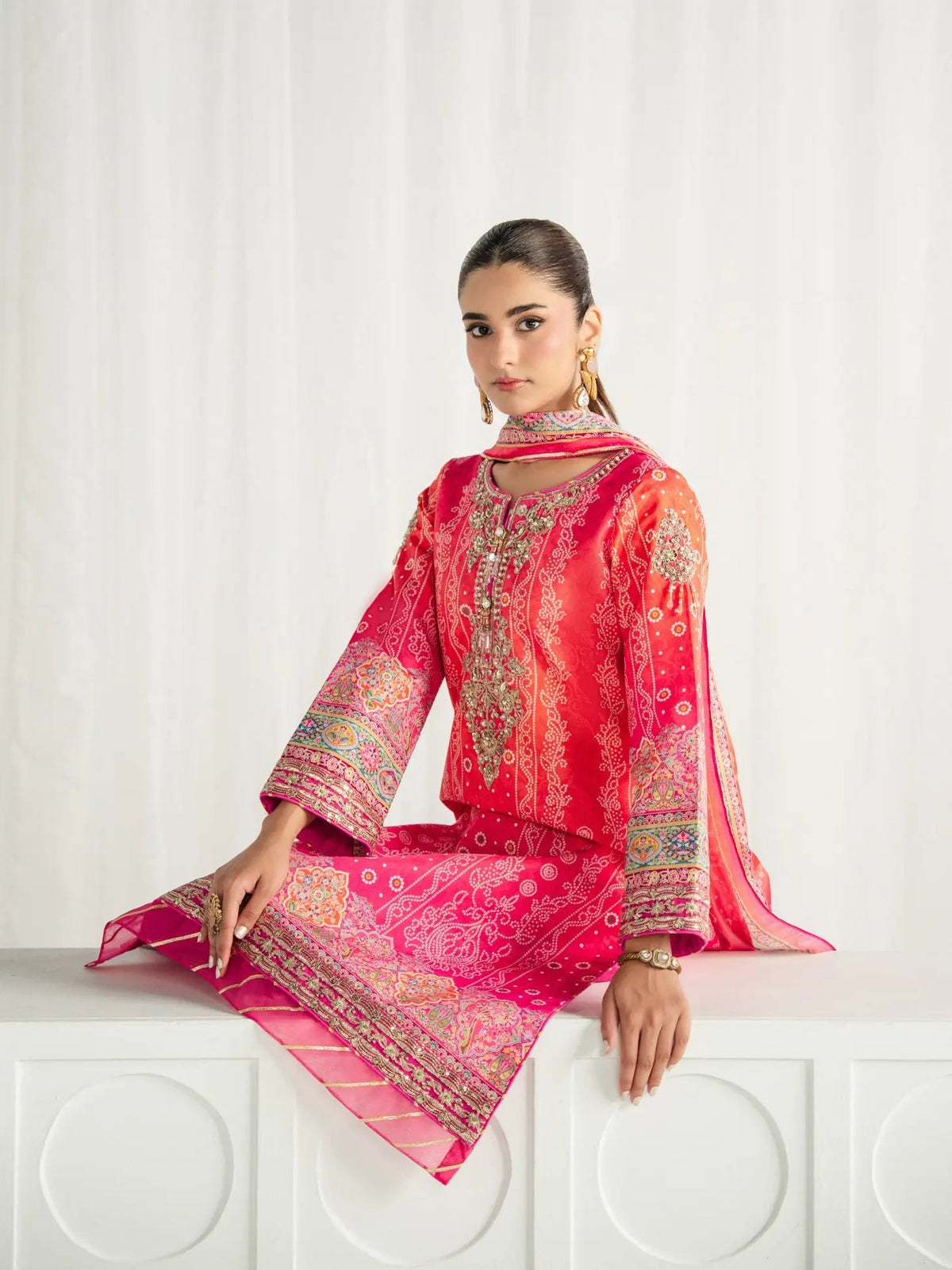 Gulaal | Aira Printed Silk | Marigold Dusk - Luxury Dress - available at Maria Faisal in UK and USA.