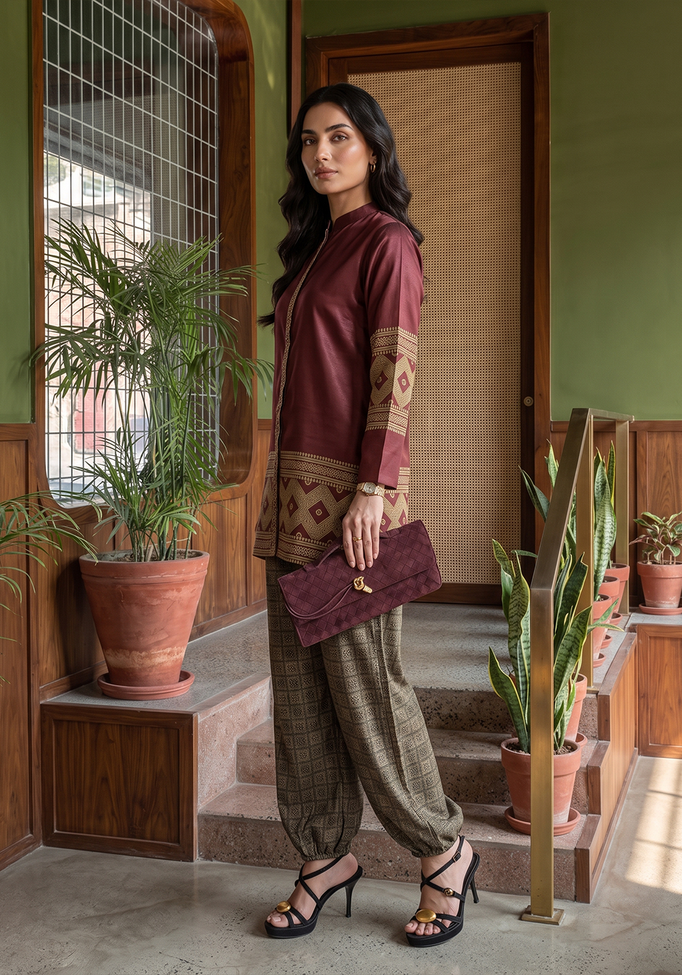 Zarqash | Silk Edit 26 | Maroon Mosaic - Luxury Dress - available at Maria Faisal in UK and USA.
