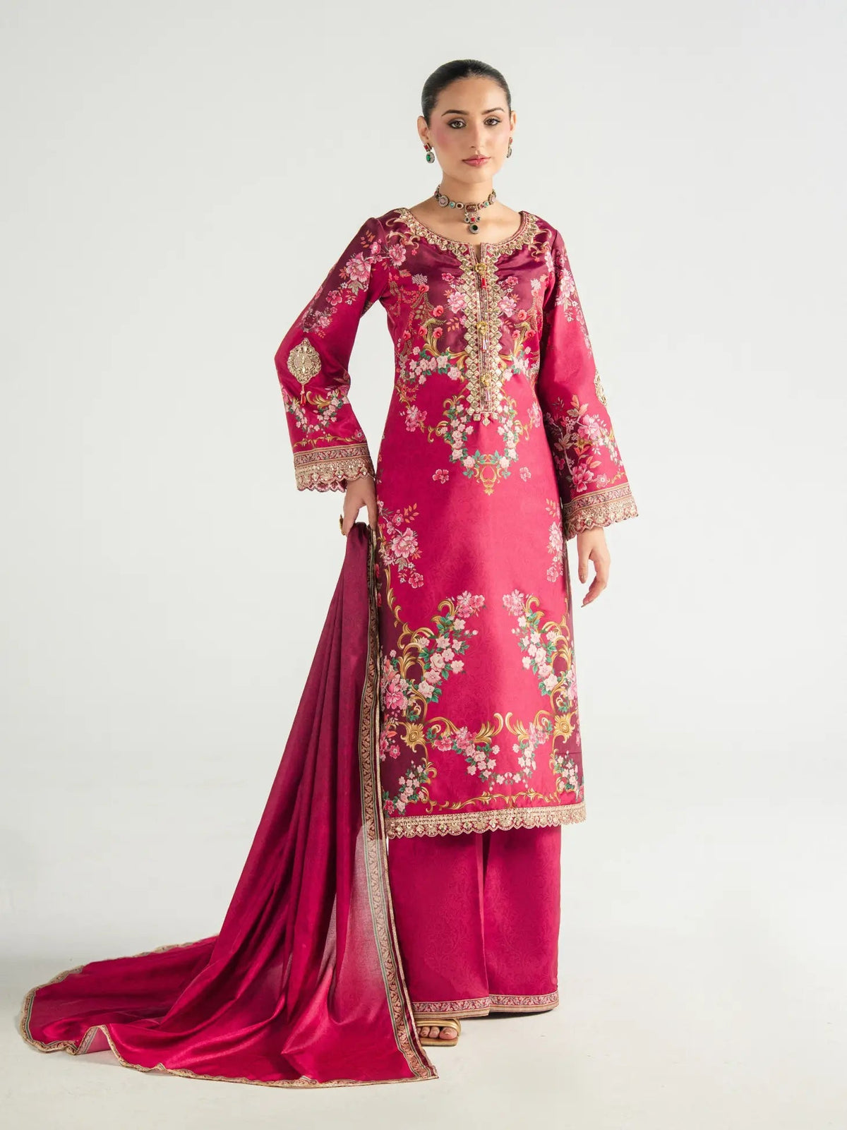 Gulaal | Aira Printed Silk | Garnet Garden - Luxury Dress - available at Maria Faisal in UK and USA.