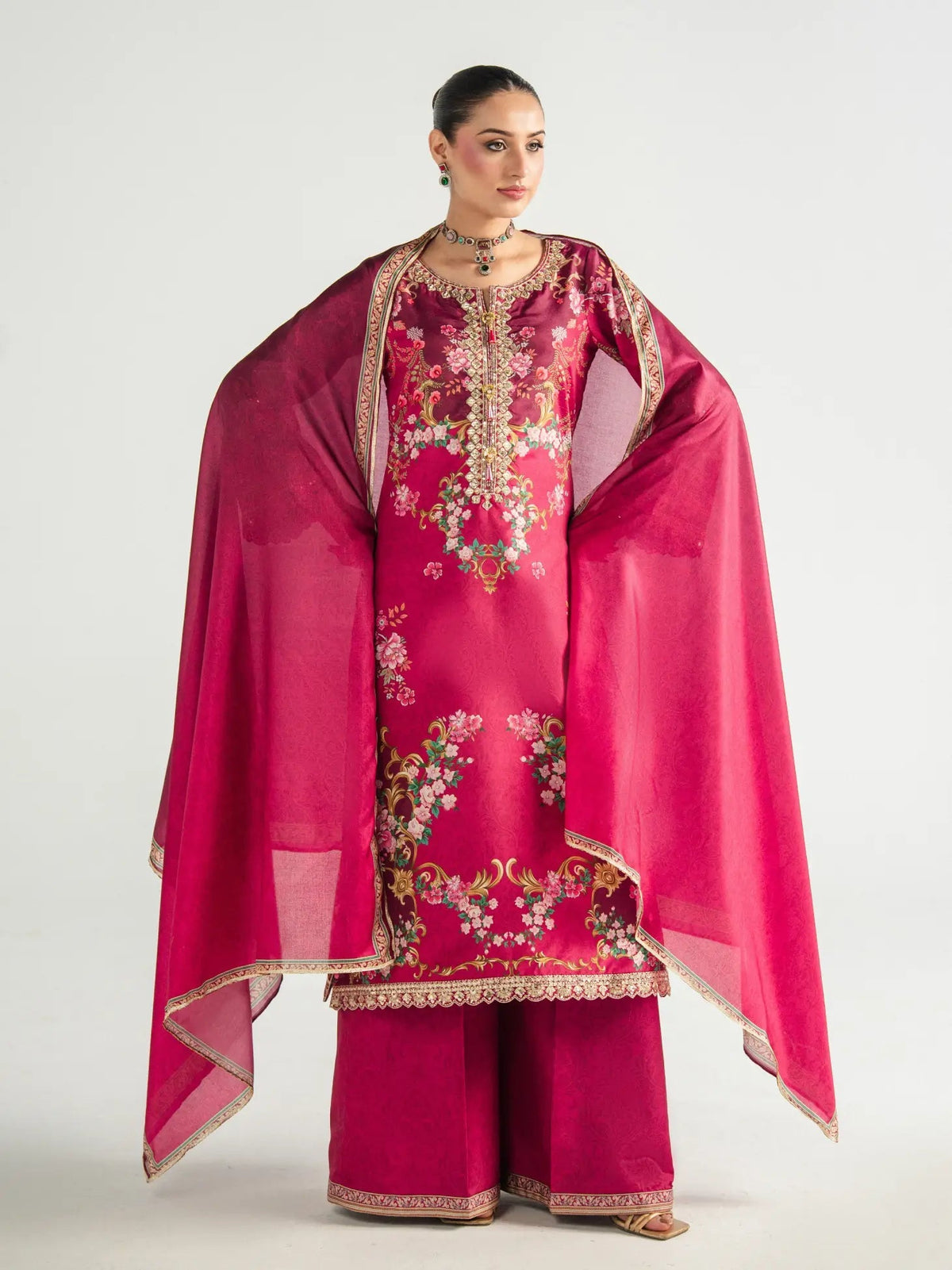Gulaal | Aira Printed Silk | Garnet Garden - Luxury Dress - available at Maria Faisal in UK and USA.