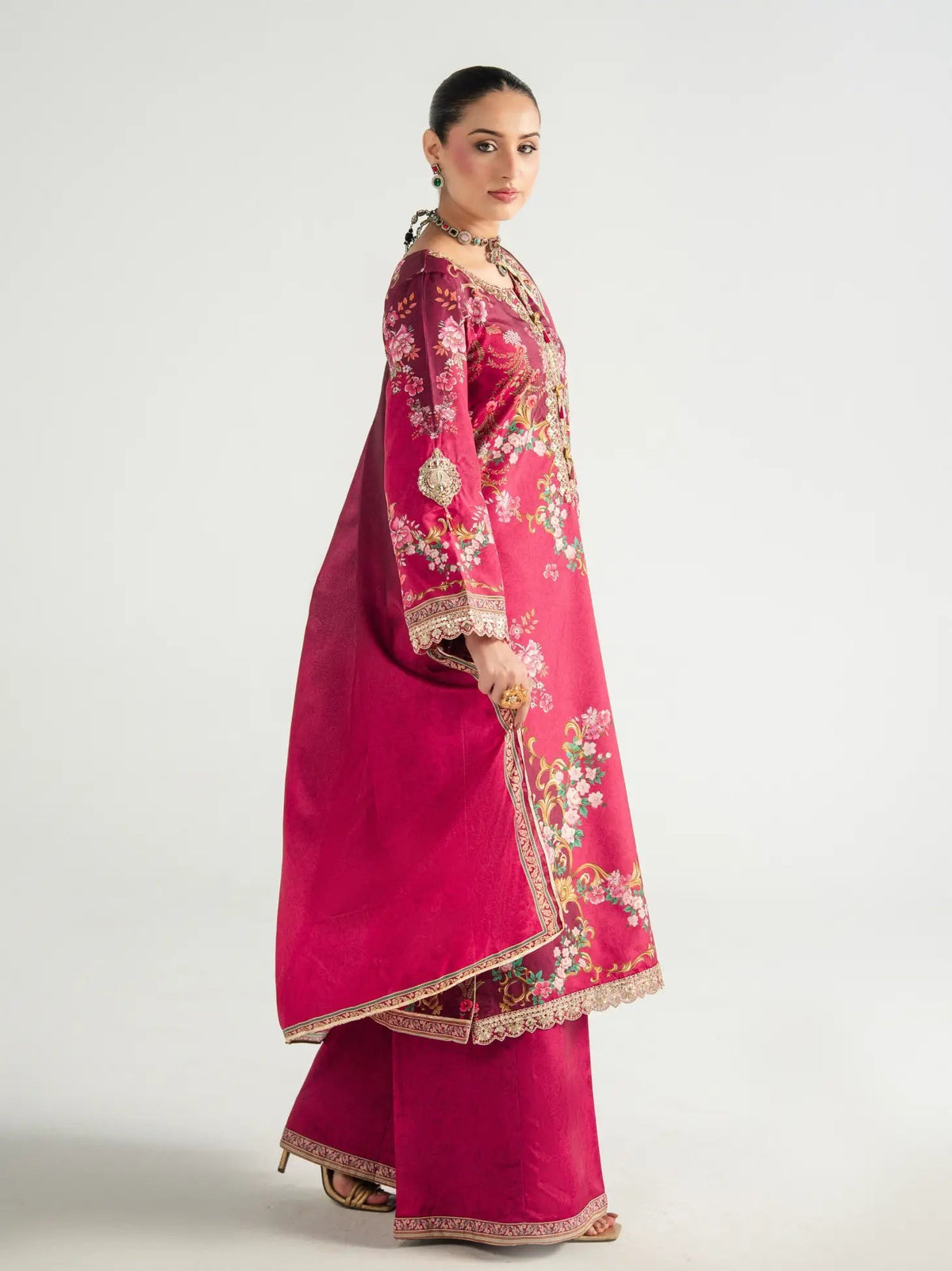 Gulaal | Aira Printed Silk | Garnet Garden - Luxury Dress - available at Maria Faisal in UK and USA.