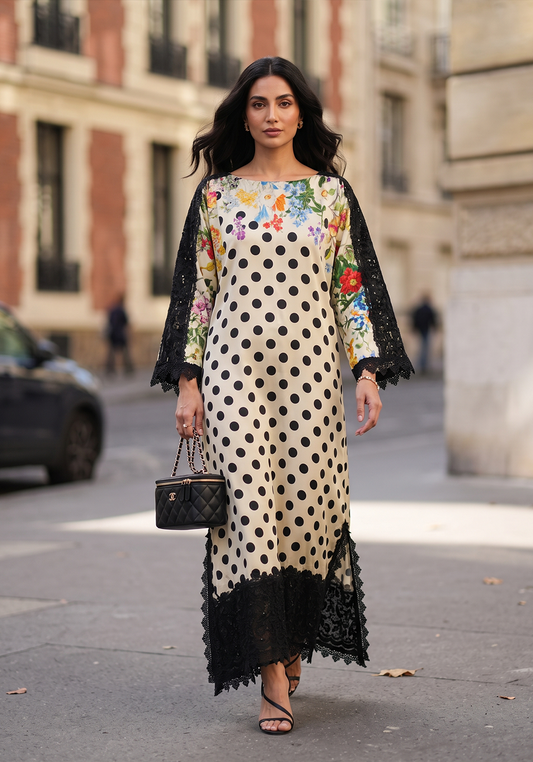 Zarqash | Silk Edit 26 | Polka Botanique - Luxury Dress - available at Maria Faisal in UK and USA.