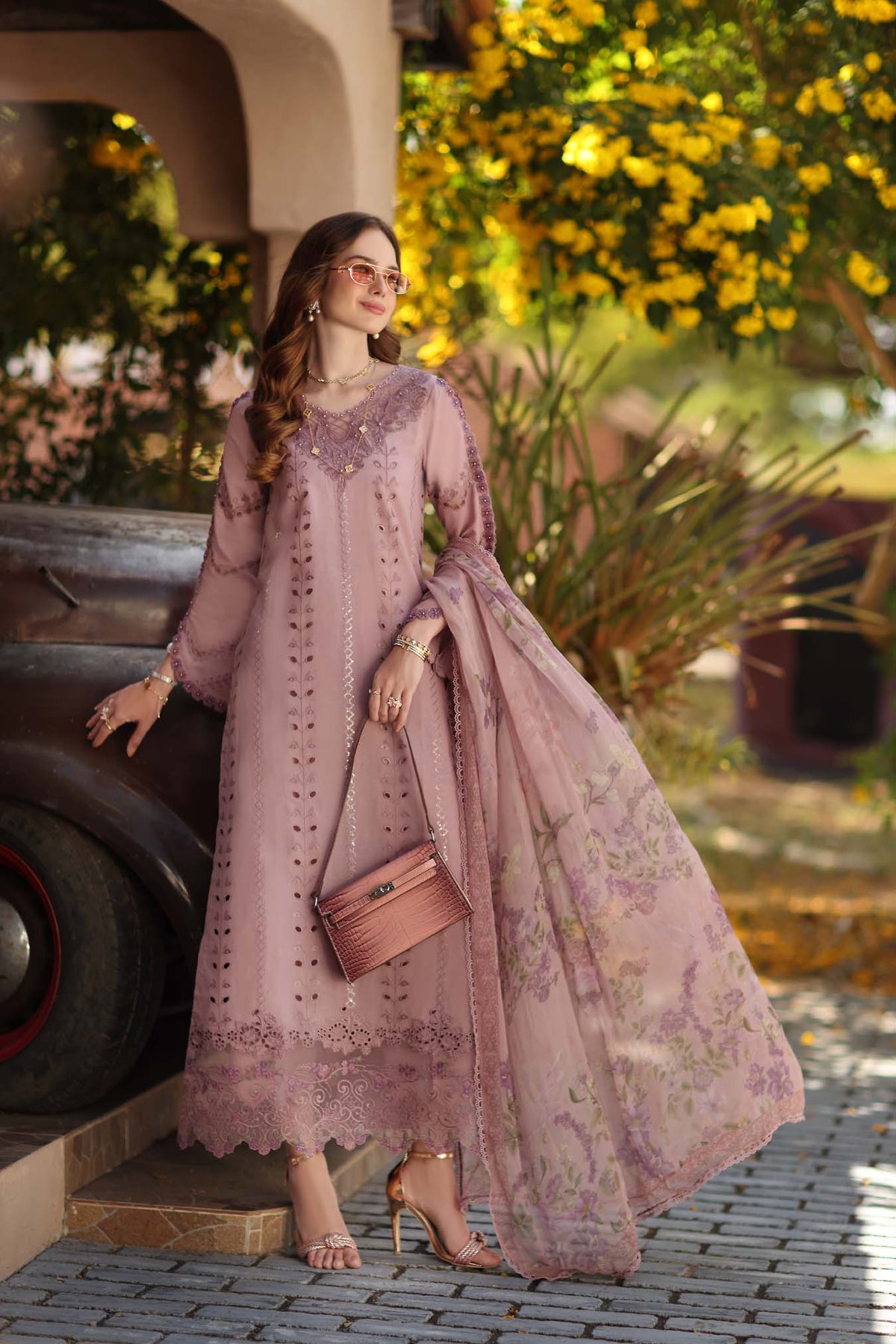 Noor by Saadia Asad | Luxe Chikankari 26 | D4 - B - Dusky Rose - Luxury Dress - available at Maria Faisal in UK and USA.