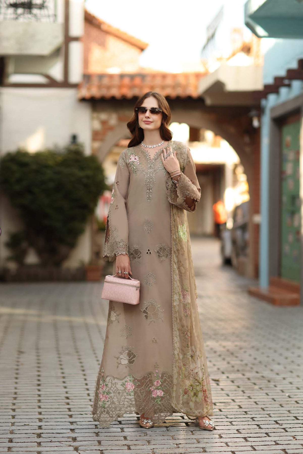 Noor by Saadia Asad | Luxe Chikankari 26 | D3 - B - Soft Mocha - Luxury Dress - available at Maria Faisal in UK and USA.