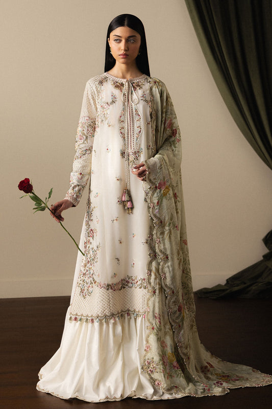  Model Wearing Off White Pima Lawn Long Shirt with Gharara - Zara Shahjahan | Satori 2026 | Shiori-D5 - Ladies Clothes - Maria Faisal