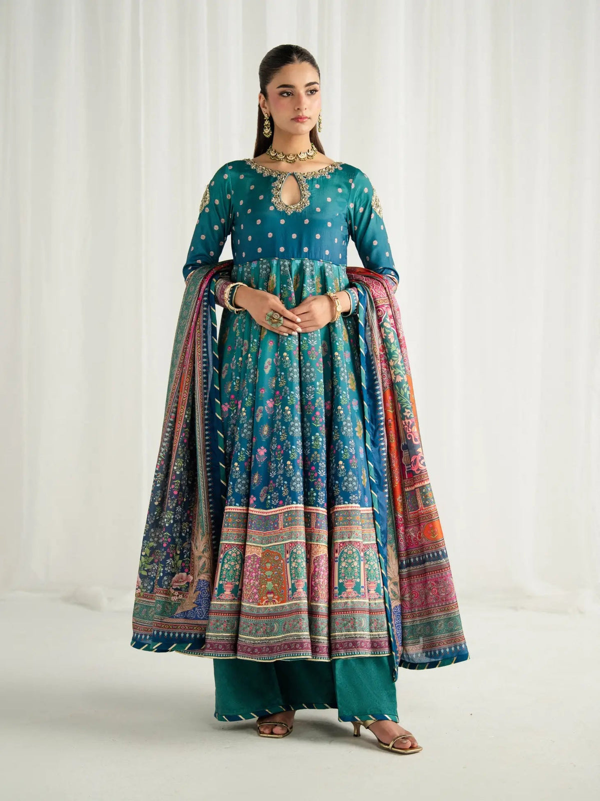 Gulaal | Aira Printed Silk | Azure - Luxury Dress - available at Maria Faisal in UK and USA.