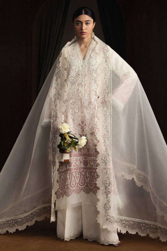 Model Wearing Off White Pima Lawn Long Shirt - Zara Shahjahan | Satori 2026 | Hoshimi-D12 - Ladies Clothes - Maria Faisal