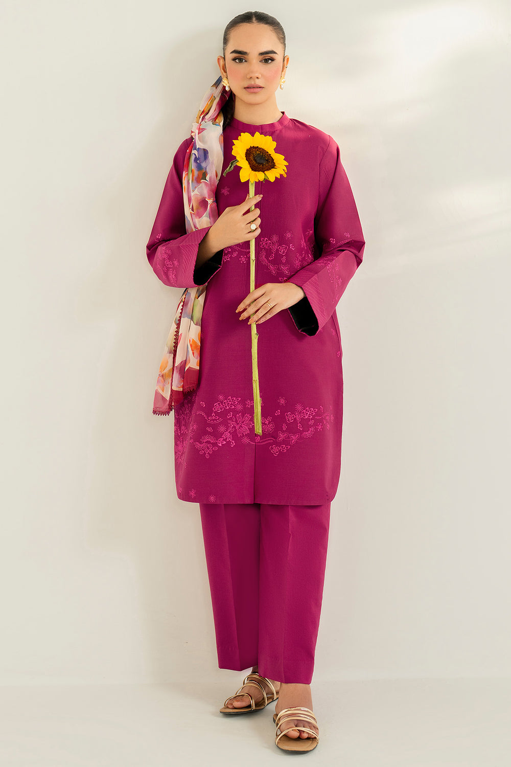 Farasha | Thread Lines Embroidered | Fuchsia Fern - Ladies Clothes - Maria Faisal