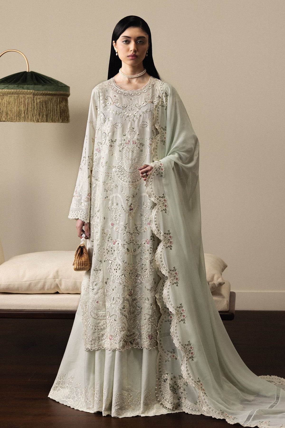  Model Wearing Mint Green Pima Lawn Long Shirt with Sharara - Zara Shahjahan | Satori 2026 | Aoiha-D4 - Ladies Clothes - Maria Faisal