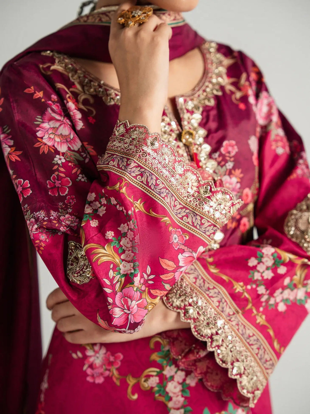 Gulaal | Aira Printed Silk | Garnet Garden - Luxury Dress - available at Maria Faisal in UK and USA.