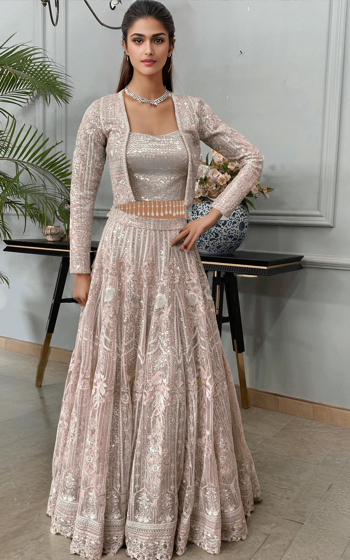 Threads and Motifs | Formal Dresses 25 | Net Embroidered Jacket With Lehenga - Ladies Clothes - Maria Faisal