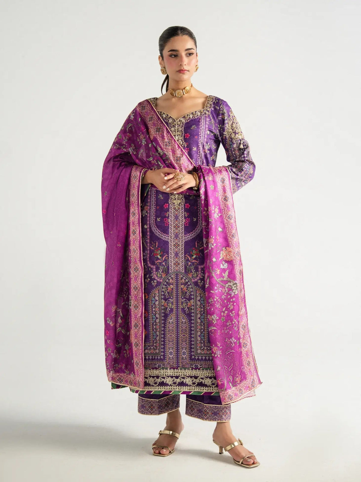 Gulaal | Aira Printed Silk | Plum Noir - Luxury Dress - available at Maria Faisal in UK and USA.