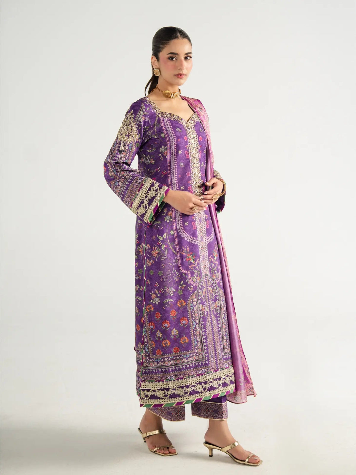 Gulaal | Aira Printed Silk | Plum Noir - Luxury Dress - available at Maria Faisal in UK and USA.