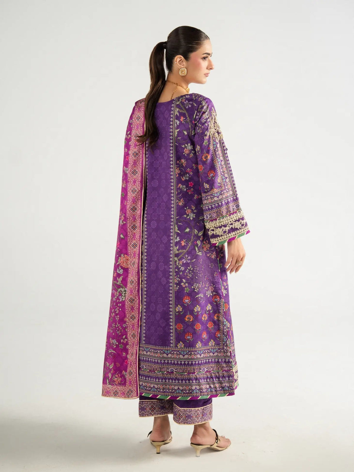 Gulaal | Aira Printed Silk | Plum Noir - Luxury Dress - available at Maria Faisal in UK and USA.