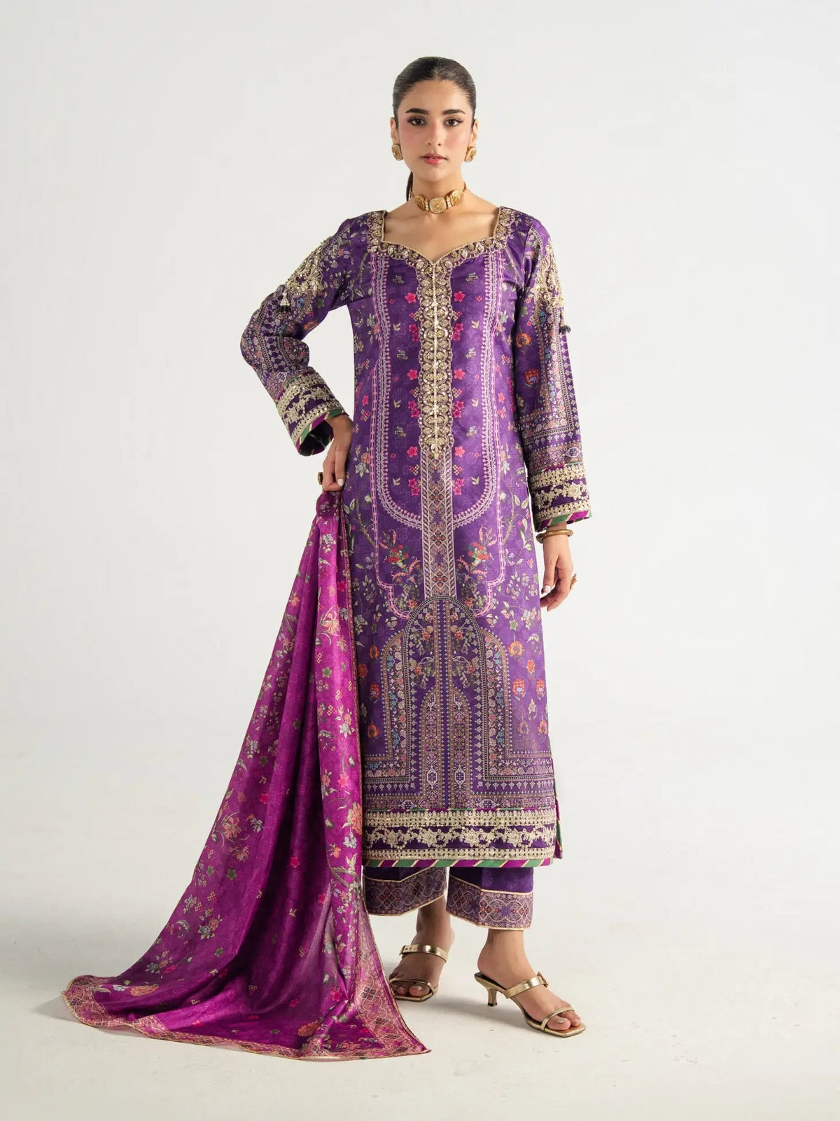 Gulaal | Aira Printed Silk | Plum Noir - Luxury Dress - available at Maria Faisal in UK and USA.