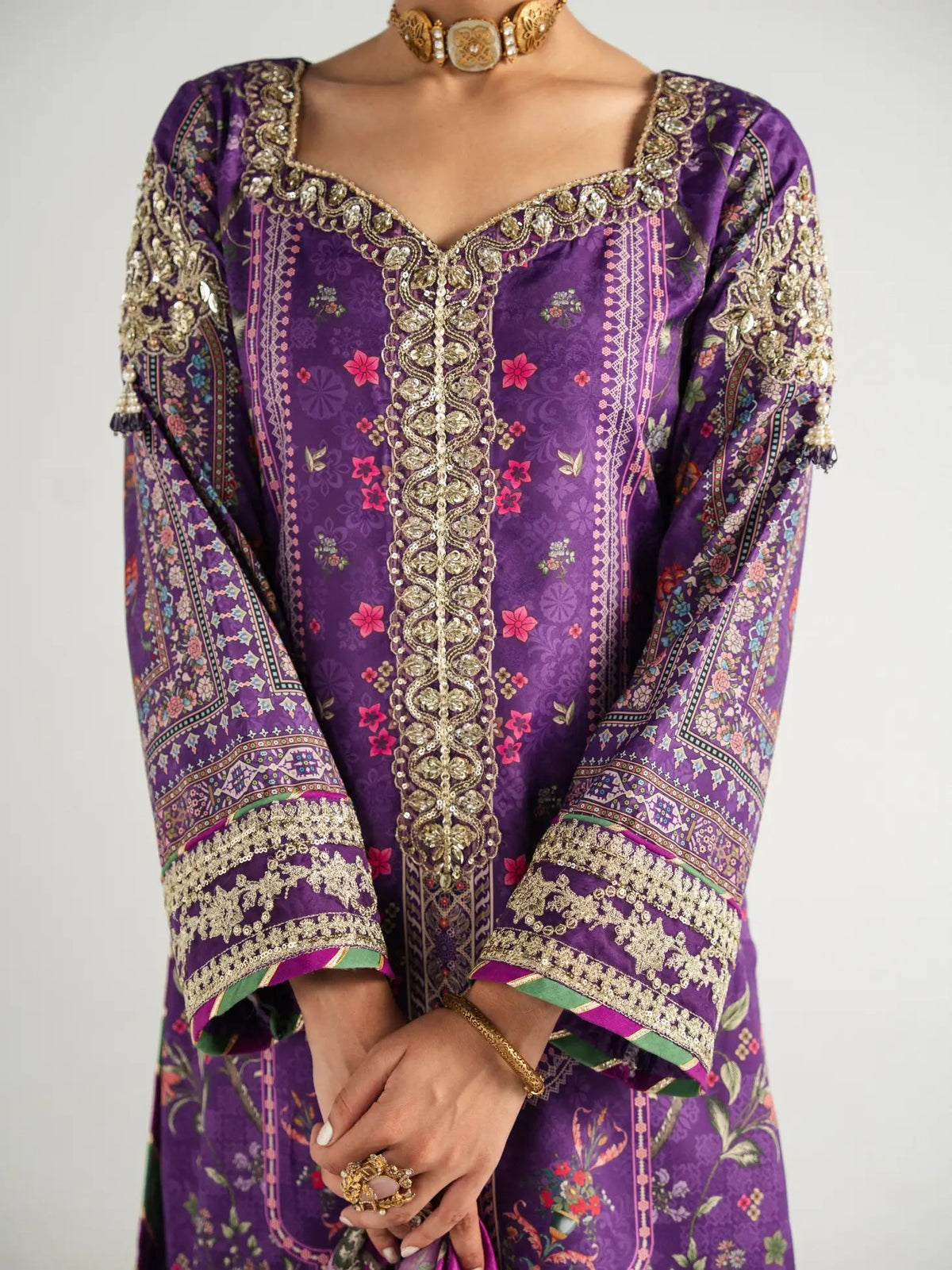 Gulaal | Aira Printed Silk | Plum Noir - Luxury Dress - available at Maria Faisal in UK and USA.