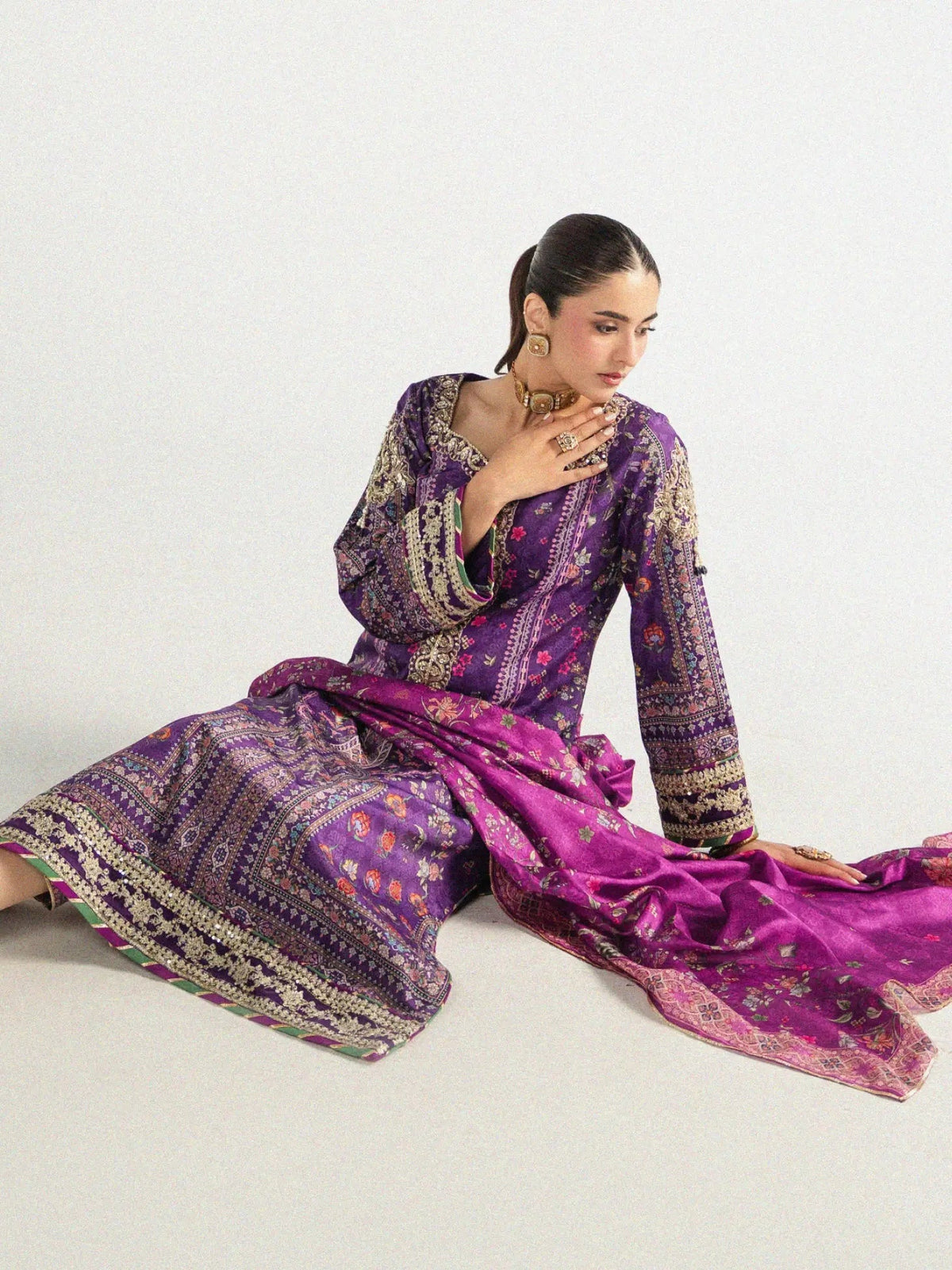 Gulaal | Aira Printed Silk | Plum Noir - Luxury Dress - available at Maria Faisal in UK and USA.