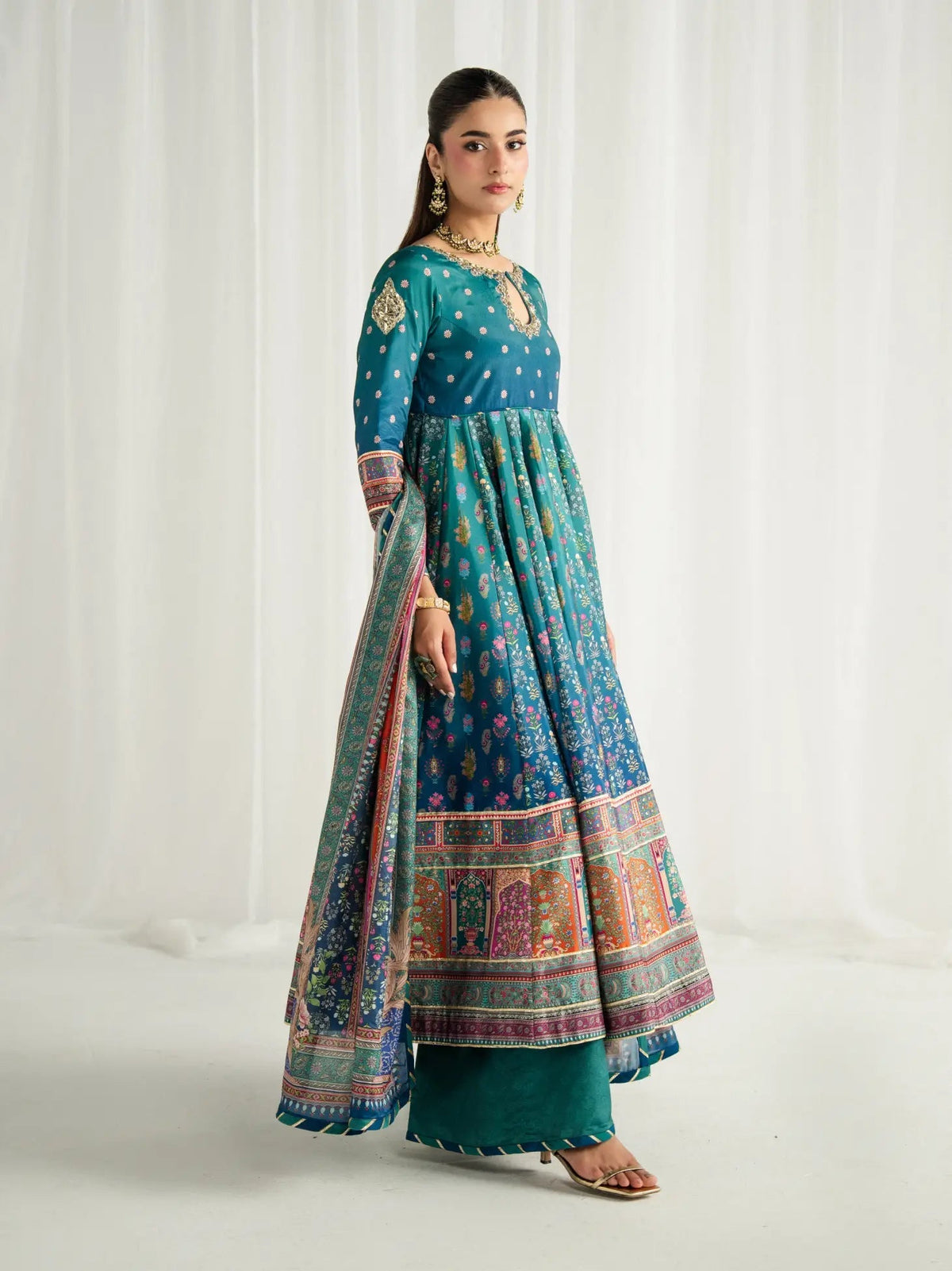 Gulaal | Aira Printed Silk | Azure - Luxury Dress - available at Maria Faisal in UK and USA.