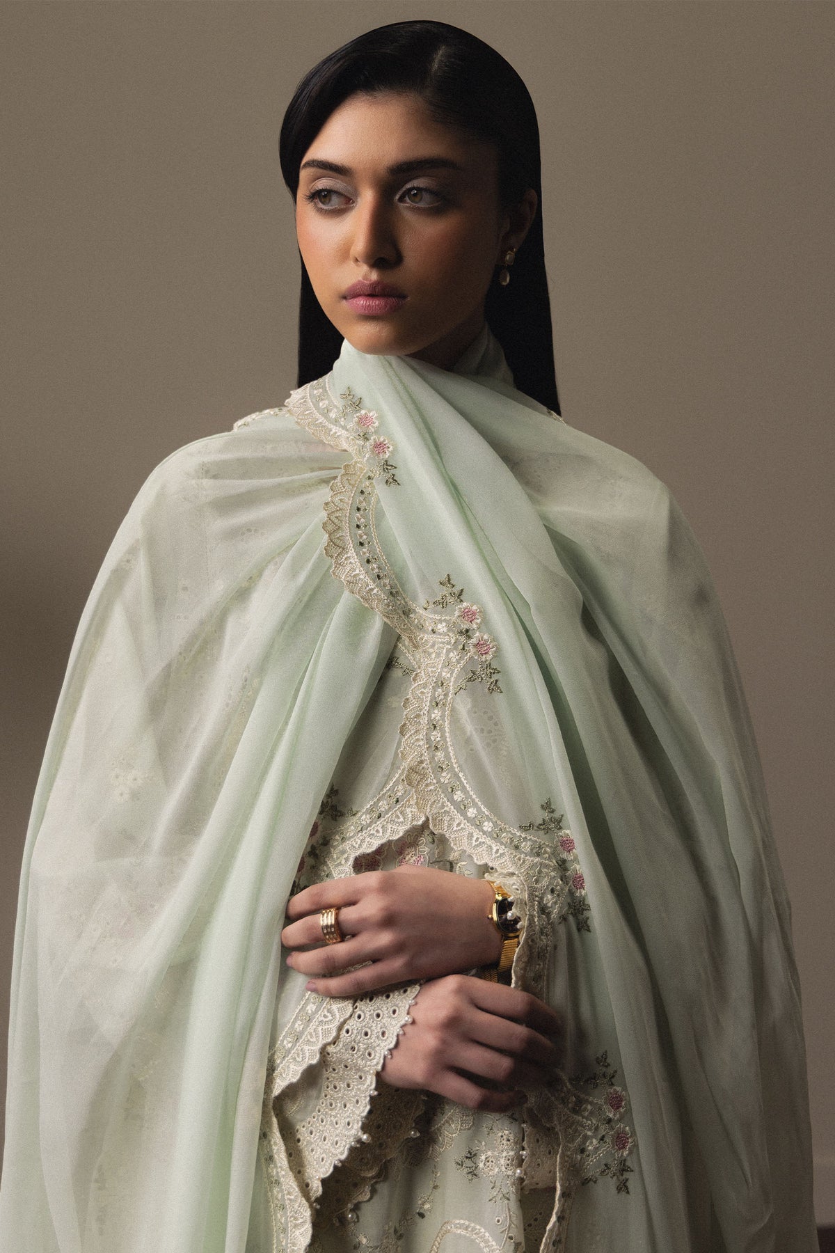  Model Wearing Mint Green Pima Lawn Long Shirt with Sharara - Zara Shahjahan | Satori 2026 | Aoiha-D4 - Ladies Clothes - Maria Faisal