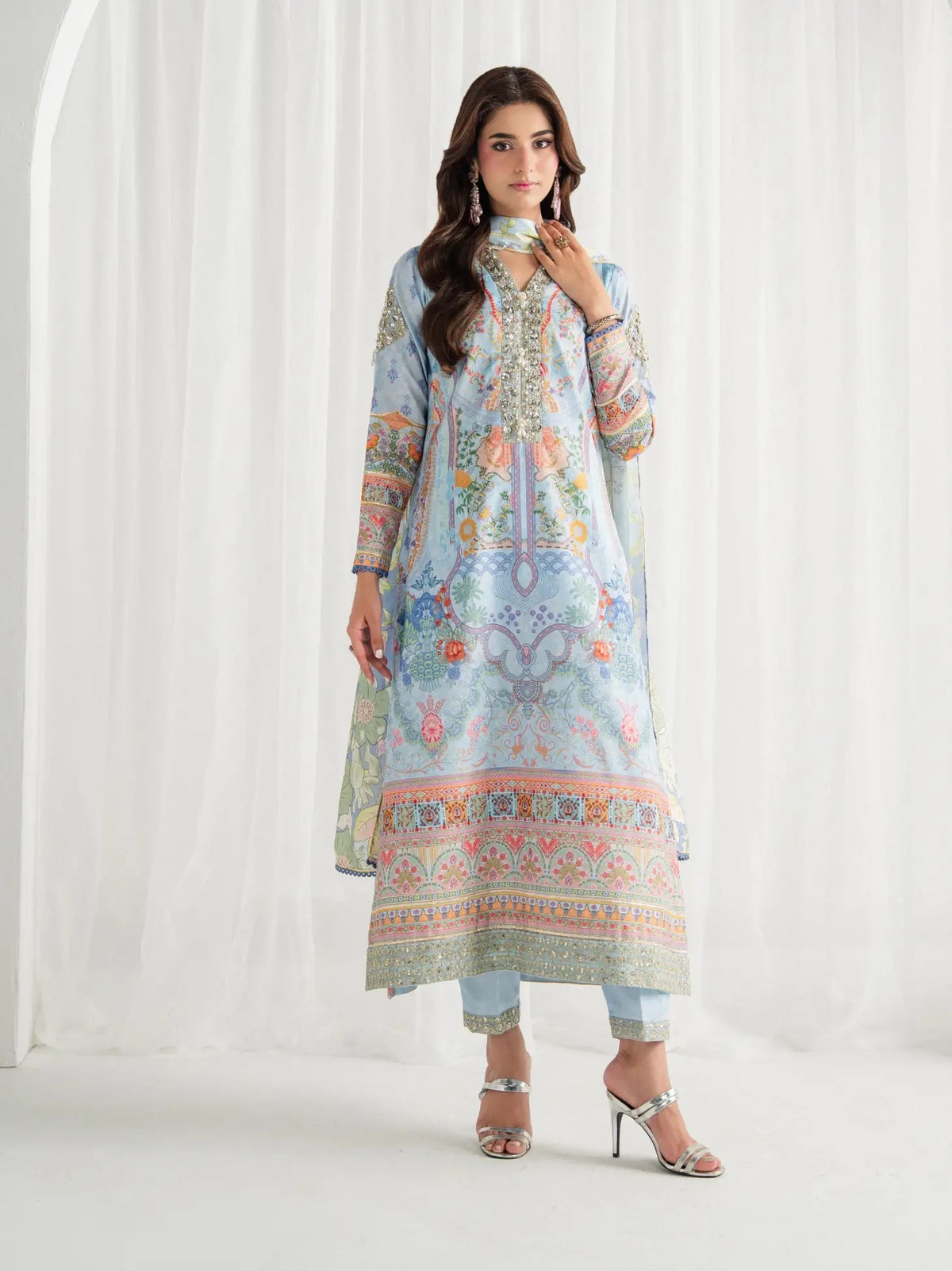Gulaal | Aira Printed Silk | Misty - Luxury Dress - available at Maria Faisal in UK and USA.
