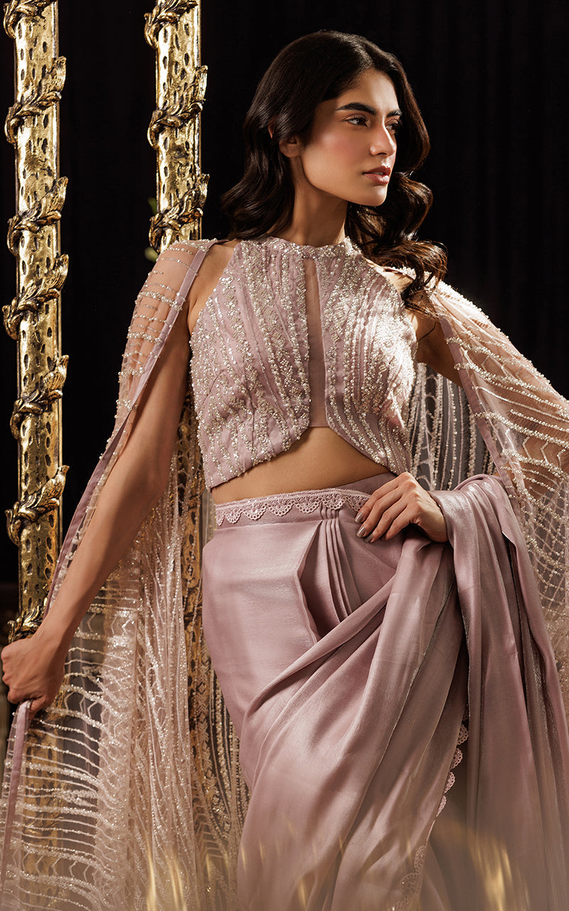 Threads and Motifs | Formal Dresses 25 | Net Embroidered Cape With Blouse And Skirt Saree - Ladies Clothes - Maria Faisal