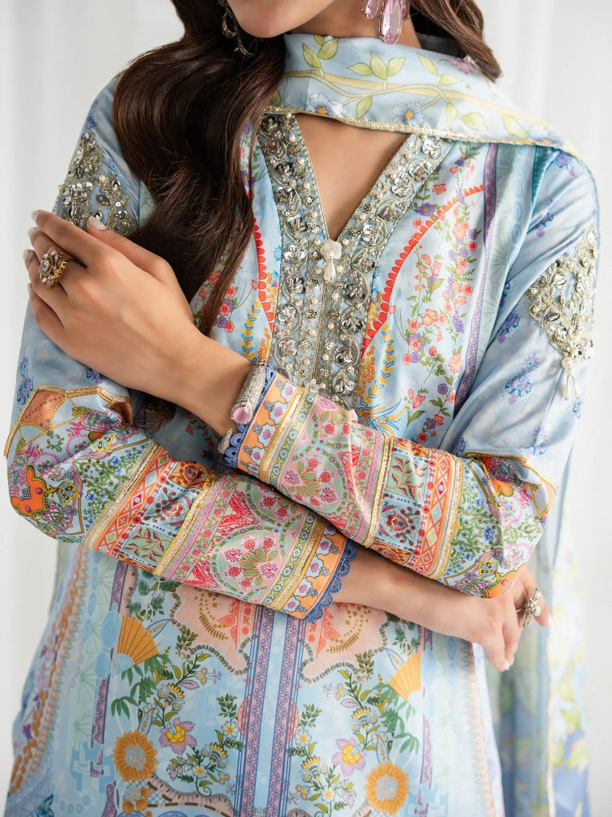 Gulaal | Aira Printed Silk | Misty - Luxury Dress - available at Maria Faisal in UK and USA.