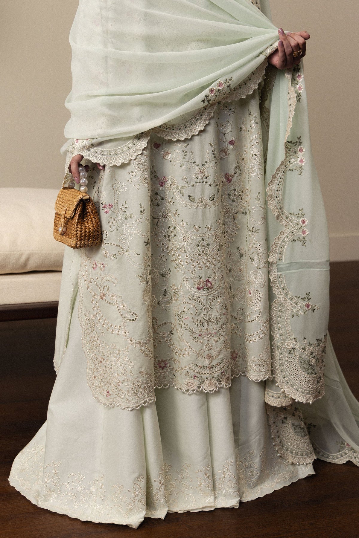  Model Wearing Mint Green Pima Lawn Long Shirt with Sharara - Zara Shahjahan | Satori 2026 | Aoiha-D4 - Ladies Clothes - Maria Faisal