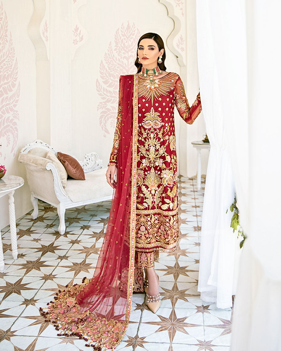 Gulaal | Wedding Formals | Rouge Embroidered Net 3-Piece Suit WS-06 - Designer Dress with Intricate embroidery and embellishments. Shop elegent wedding dress at Maria Faisal.