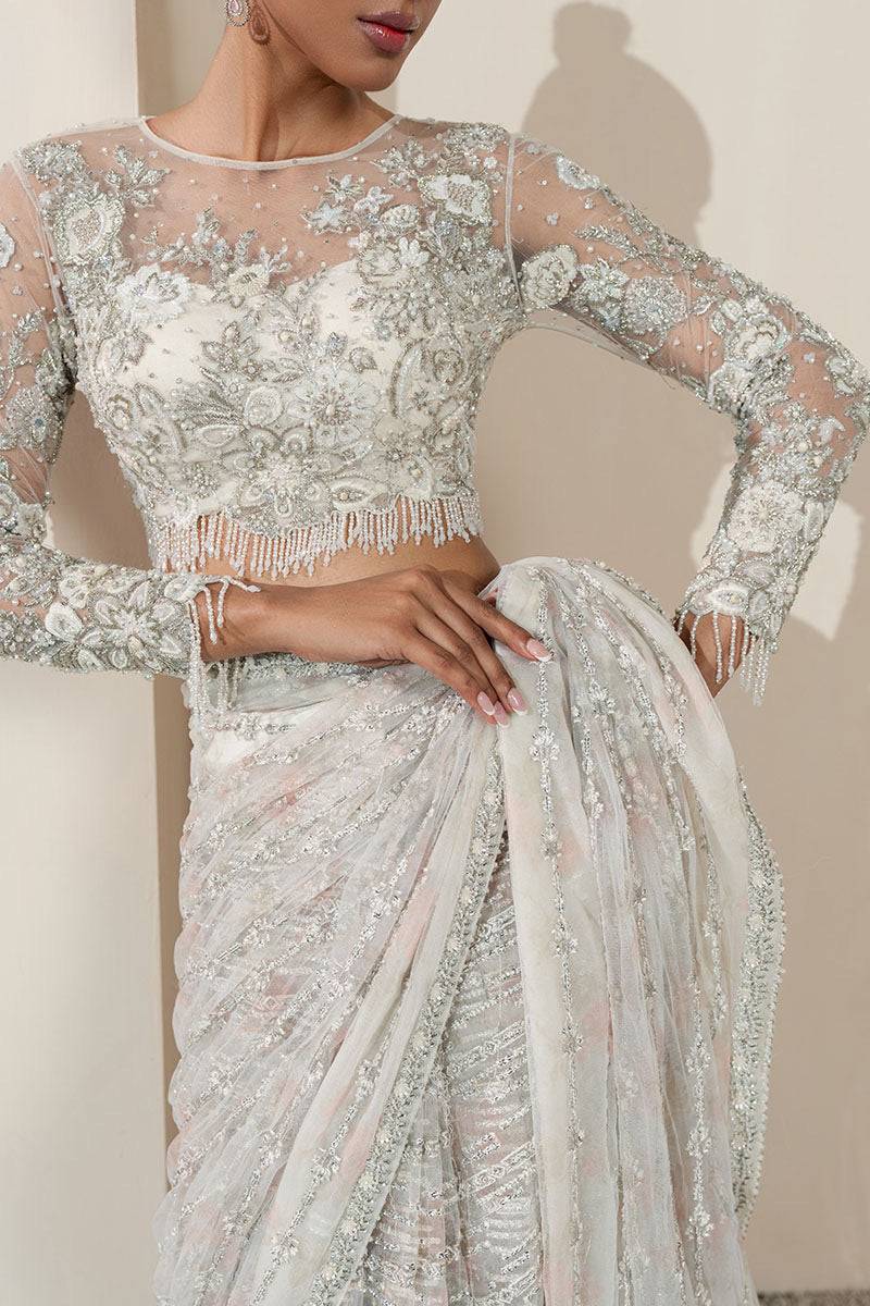Khakaa | Serie Luxuriante 25 | White Orchid Saree - Ladies Clothes - Maria Faisal