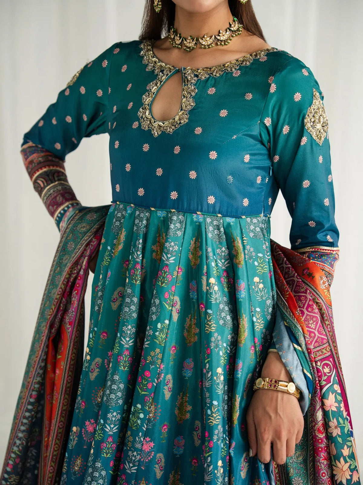 Gulaal | Aira Printed Silk | Azure - Luxury Dress - available at Maria Faisal in UK and USA.