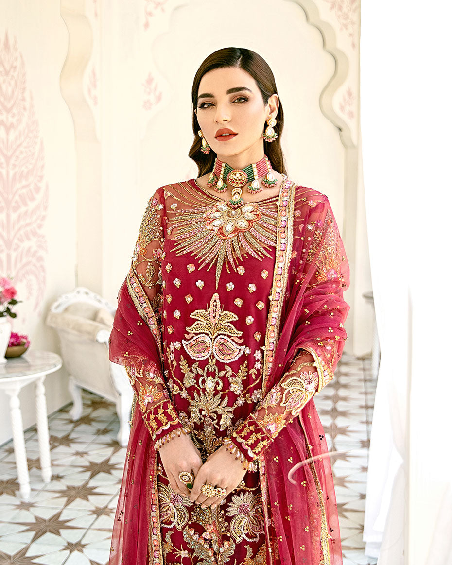 Gulaal | Wedding Formals | Rouge Embroidered Net 3-Piece Suit WS-06 - Designer Dress with Intricate embroidery and embellishments. Shop elegent wedding dress at Maria Faisal.