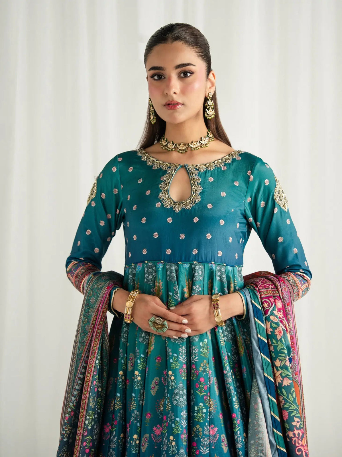 Gulaal | Aira Printed Silk | Azure - Luxury Dress - available at Maria Faisal in UK and USA.
