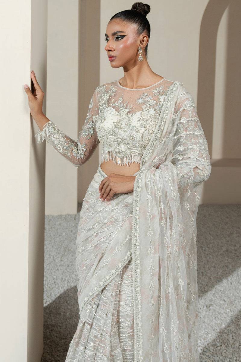 Khakaa | Serie Luxuriante 25 | White Orchid Saree - Ladies Clothes - Maria Faisal
