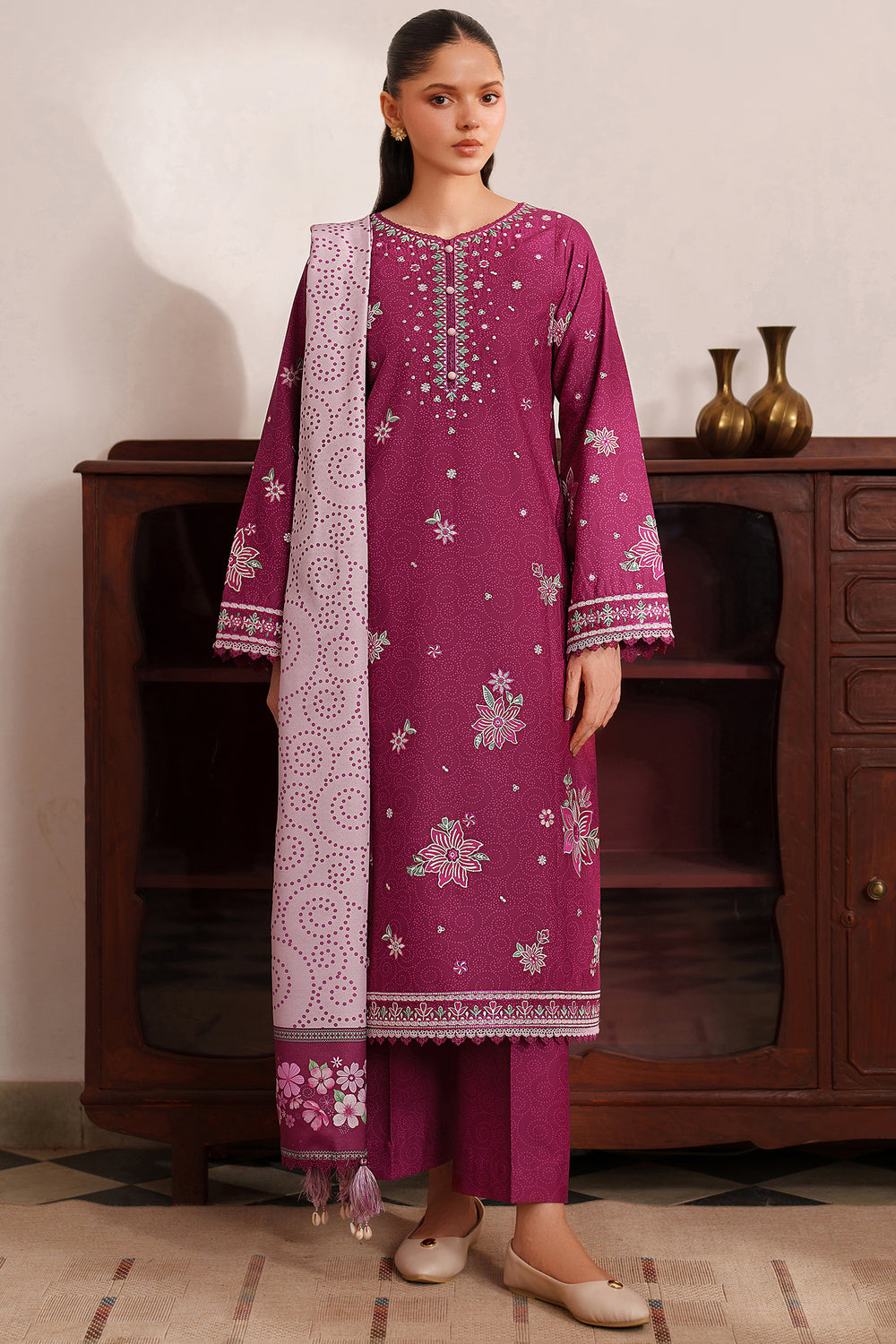 Farasha | Meline Premium Viscose 25 | Berry Blush - Luxury Dress - available at Maria Faisal in UK and USA.