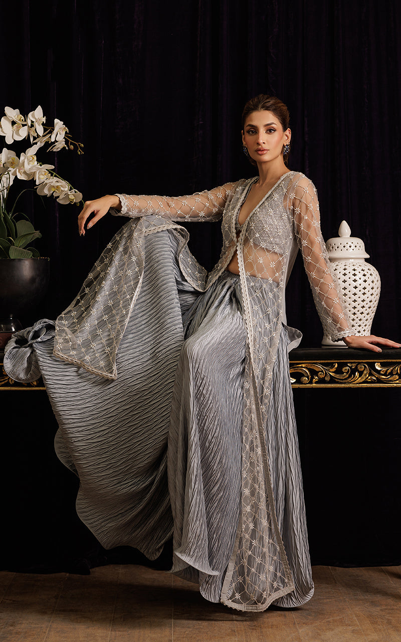 Threads and Motifs | Formal Dresses 25 | Net Embroidered Jacket with Tube and Skirt