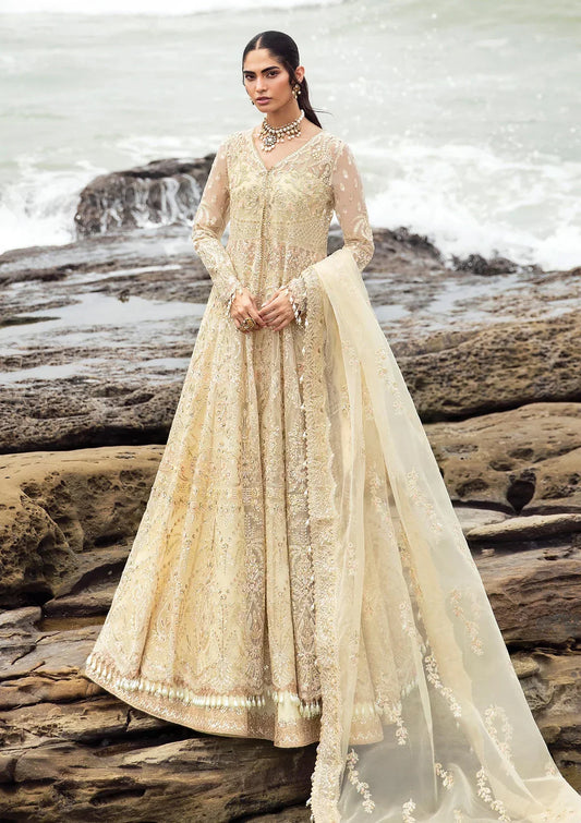 Afrozeh Dastangoi Wedding Formal'24 AROOHI - Lemon Pakistani Dress with intricate embroidery and embellishments. Shop elegant Asian dresses at Maria Faisal.