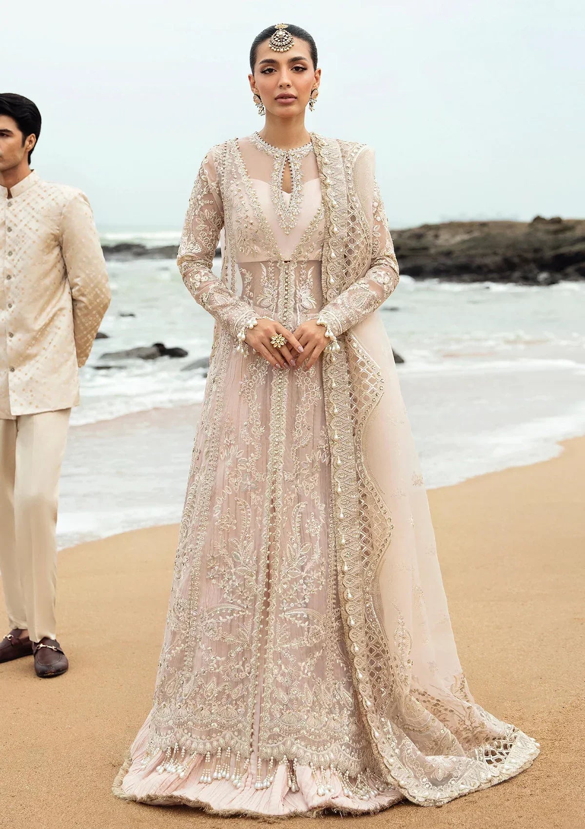 Afrozeh Dastangoi Wedding Formal'24 SHAHNOOR - Powder Pink Pakistani Dress with intricate embroidery and embellishments. Shop elegant Asian dresses at Maria Faisal.