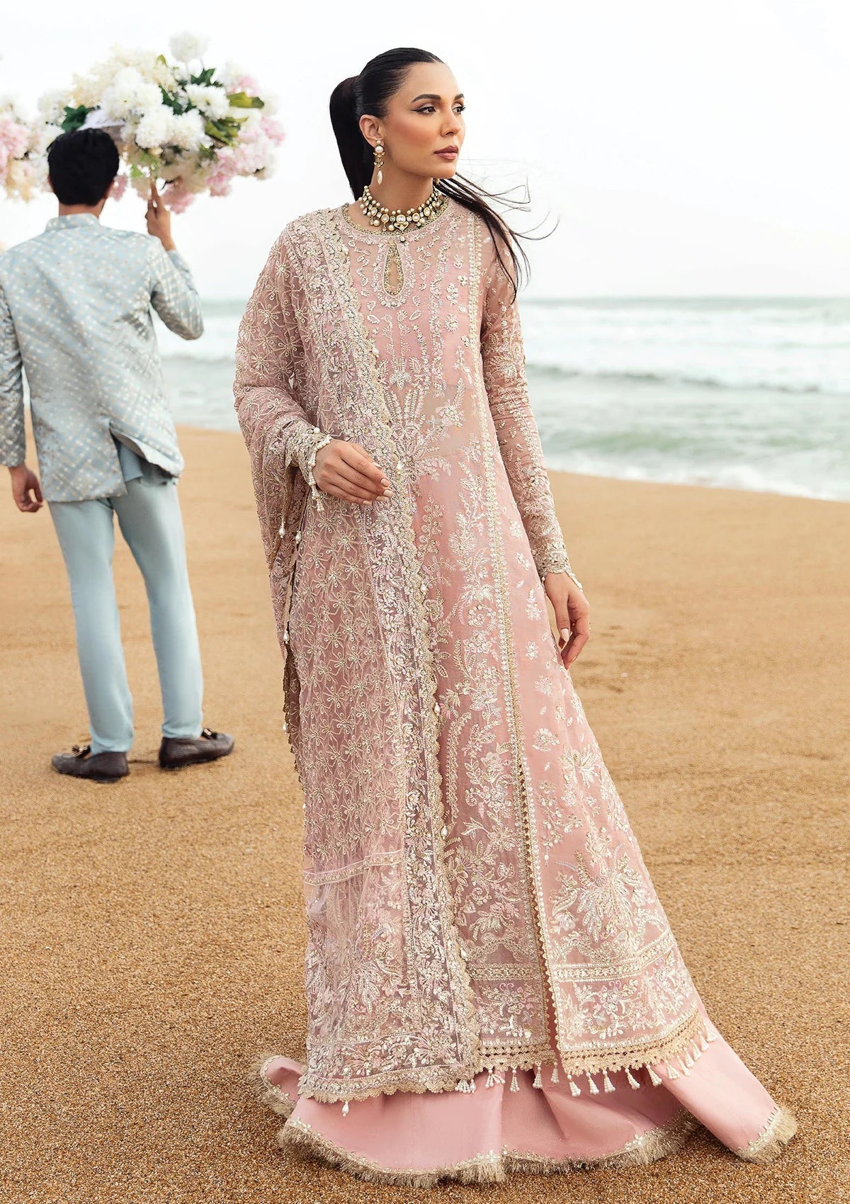 Afrozeh Dastangoi Wedding Formal'24 SHAZMA - Pink Pakistani Dress with intricate embroidery and embellishments. Shop elegant Asian dresses at Maria Faisal.