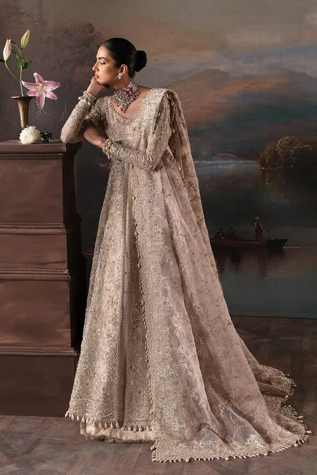 Afrozeh The Brides Edit 23 Clara – Pink Pakistani Bridal Dress with intricate embroidery and embellishments. Shop elegant Asian dresses at Maria Faisal.