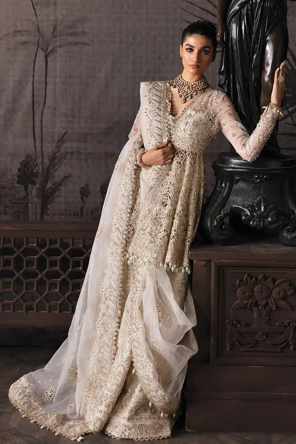 Afrozeh The Brides Edit 23 Helena – Off White Pakistani Bridal Dress with intricate embroidery and embellishments. Shop elegant Asian dresses at Maria Faisal.