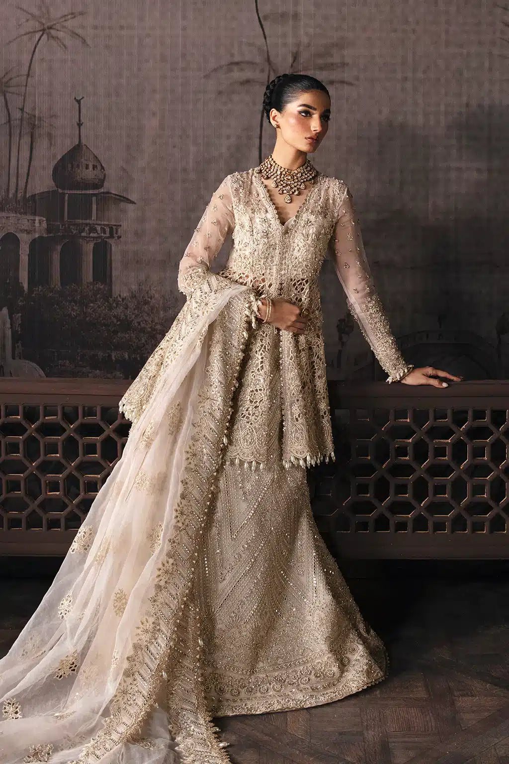 Afrozeh The Brides Edit 23 Helena – Off White Pakistani Bridal Dress with intricate embroidery and embellishments. Shop elegant Asian dresses at Maria Faisal.