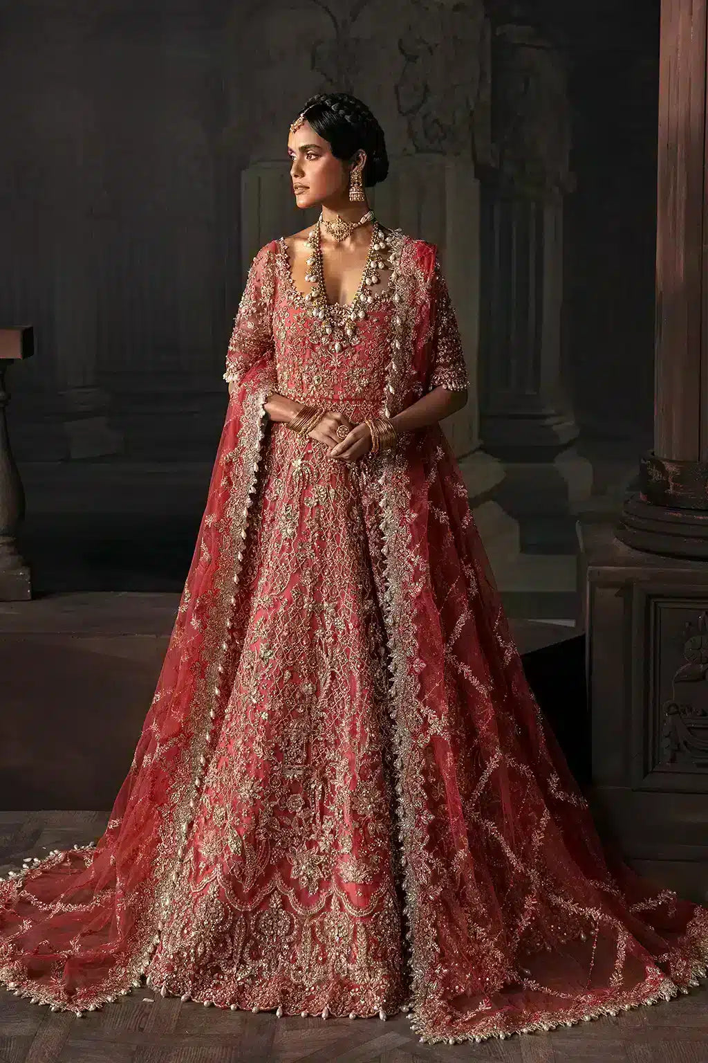 Afrozeh The Brides Edit 23 Lavinia – Rust Pakistani Bridal Dress with intricate embroidery and embellishments. Shop elegant Asian dresses at Maria Faisal.