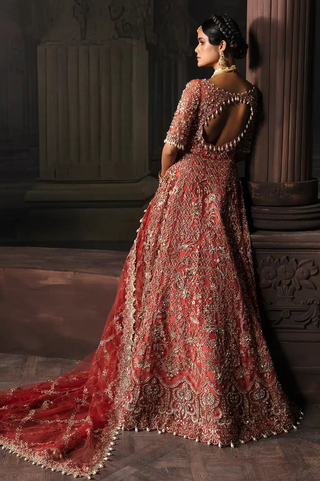 Afrozeh The Brides Edit 23 Lavinia – Rust Pakistani Bridal Dress with intricate embroidery and embellishments. Shop elegant Asian dresses at Maria Faisal.