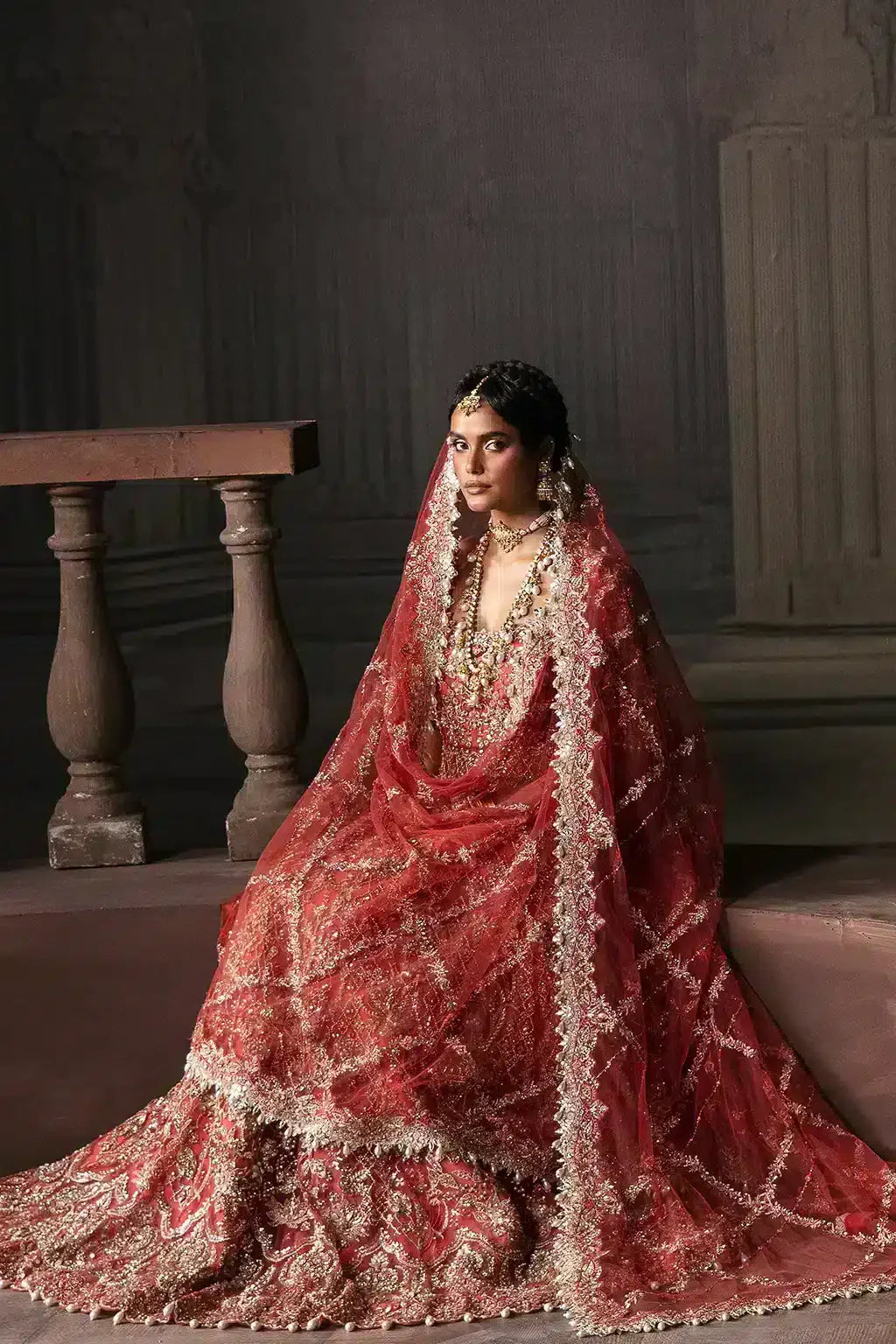 Afrozeh The Brides Edit 23 Lavinia – Rust Pakistani Bridal Dress with intricate embroidery and embellishments. Shop elegant Asian dresses at Maria Faisal.