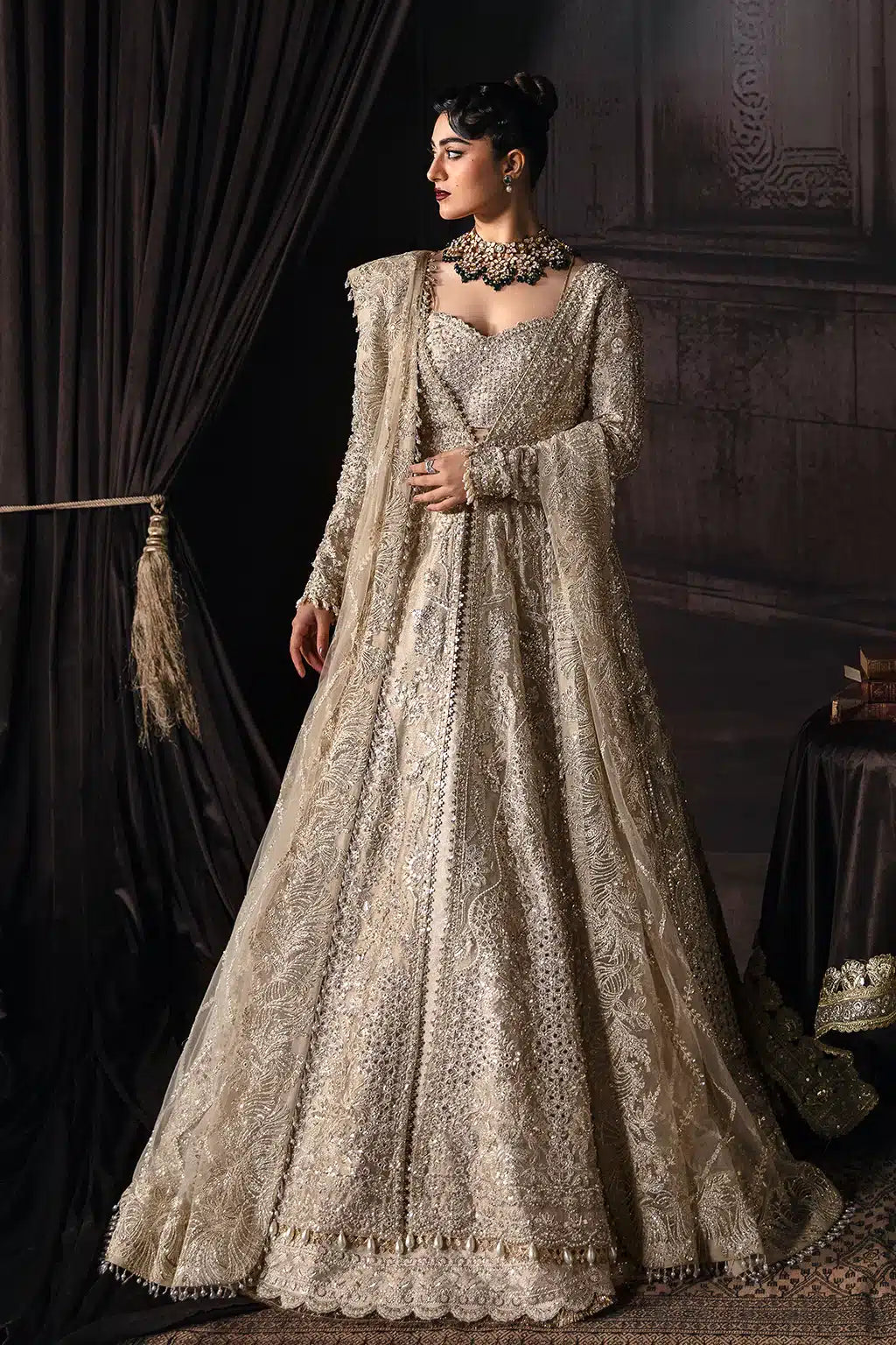 Afrozeh The Brides Edit 23 Margaret – Golden Pakistani Bridal Dress with intricate embroidery and embellishments. Shop elegant Asian dresses at Maria Faisal.
