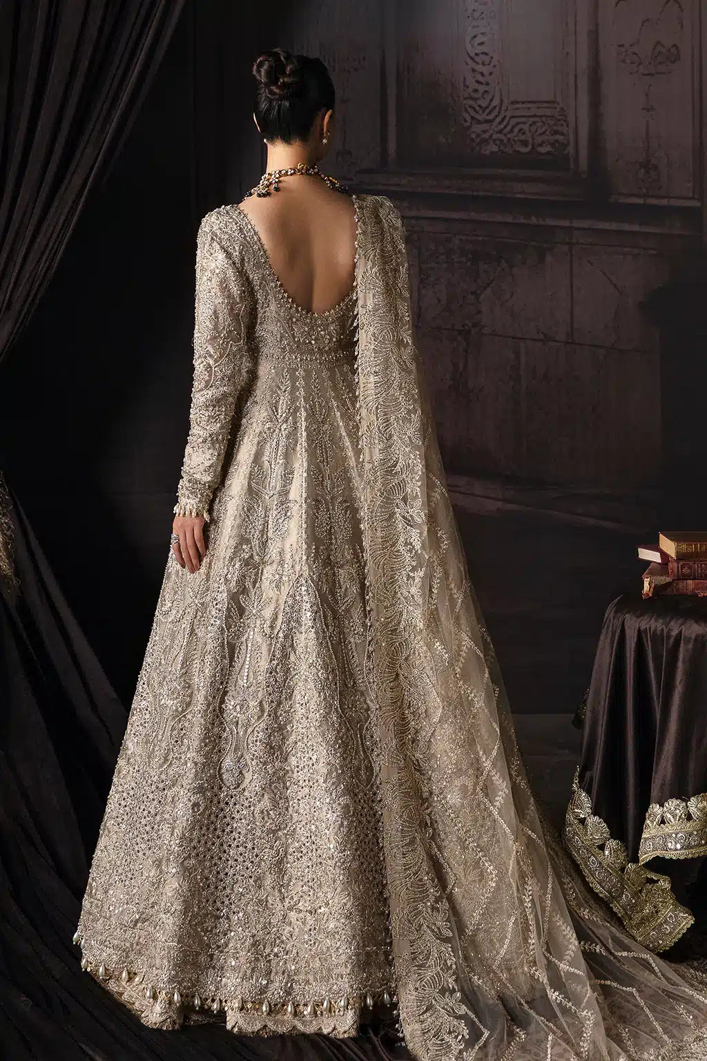 Afrozeh The Brides Edit 23 Margaret – Golden Pakistani Bridal Dress with intricate embroidery and embellishments. Shop elegant Asian dresses at Maria Faisal.
