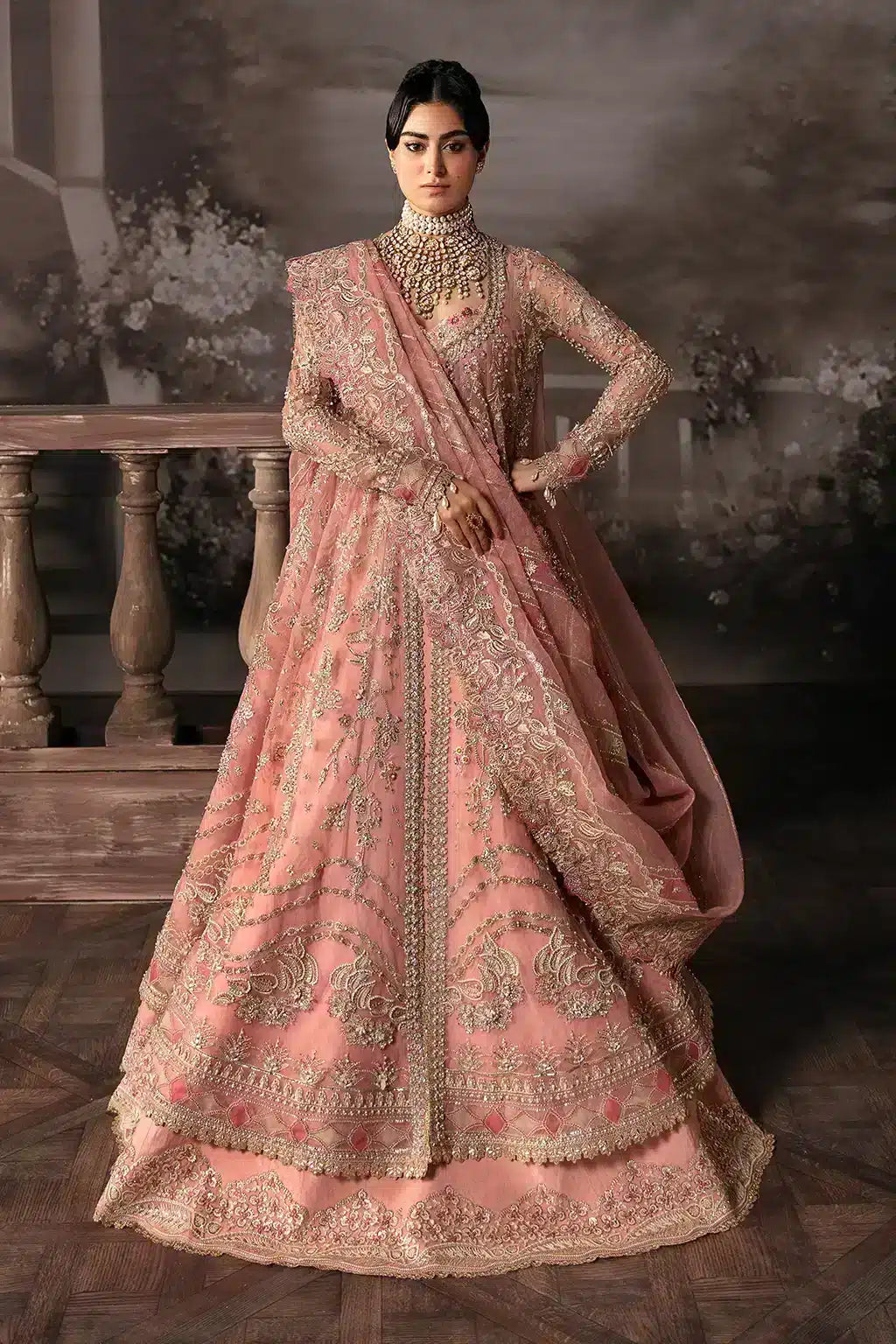 Afrozeh The Brides Edit 23 Victoria – Tea Pink Pakistani Bridal Dress with intricate embroidery and embellishments. Shop elegant Asian dresses at Maria Faisal.